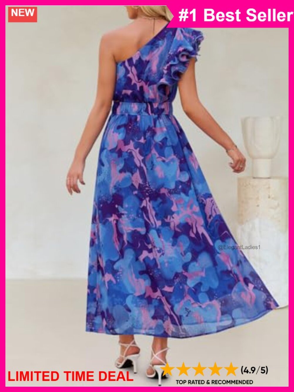 Women's Floral Sleeveless One Shoulder Ruffle Chiffon Maxi Dress Summer Beach - Picture 5 of 6